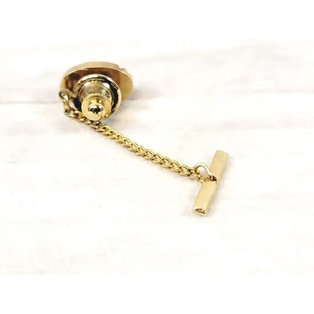 Vintage Gold Tone Round Etched CuffLinks & Classic Tie Tack Chain Clip